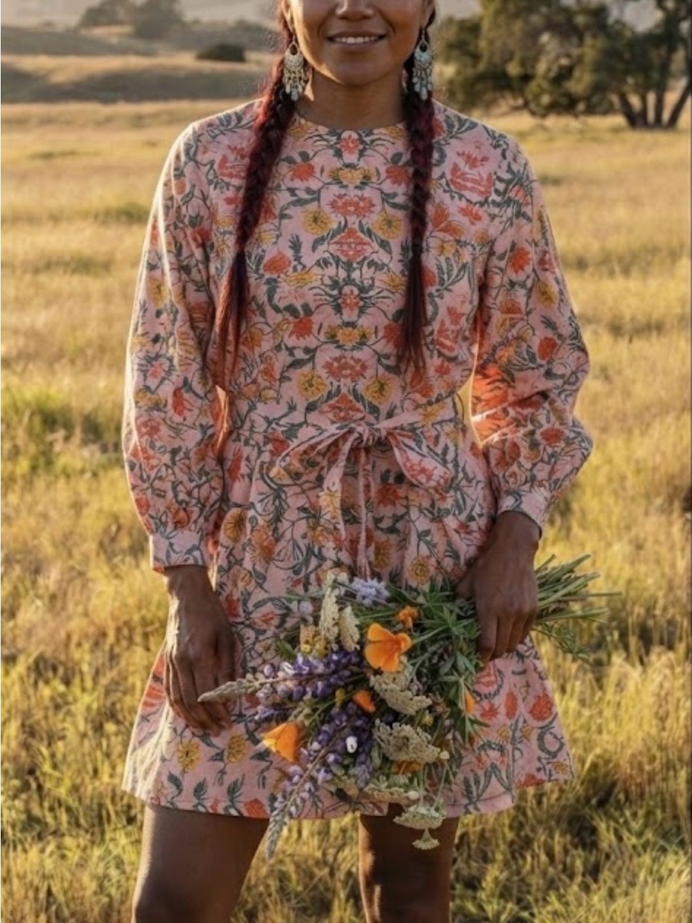 MELLODAY Pink Floral Long Sleeve Dress with Orange & Yellow Accents